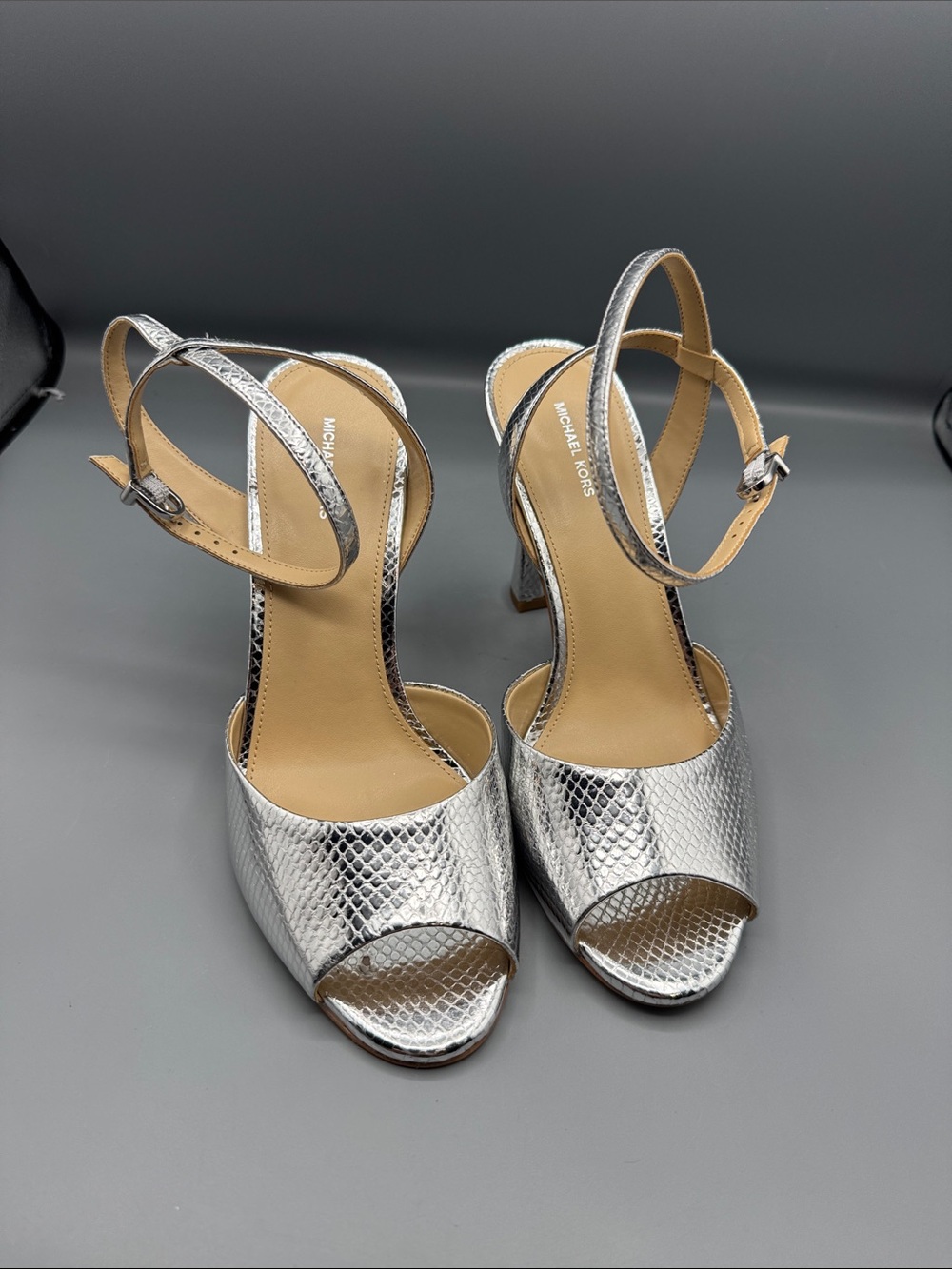 MICHAEL MICHAEL KORS Rosie Metallic Snake Embossed Leather Sandal